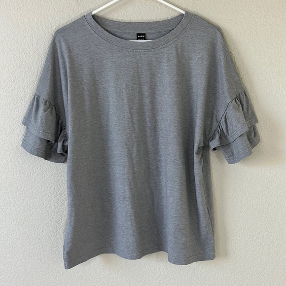 SHEIN Tops - SHEIN Crew Neck Ruffle Sleeved Gray Blouse Size Large
